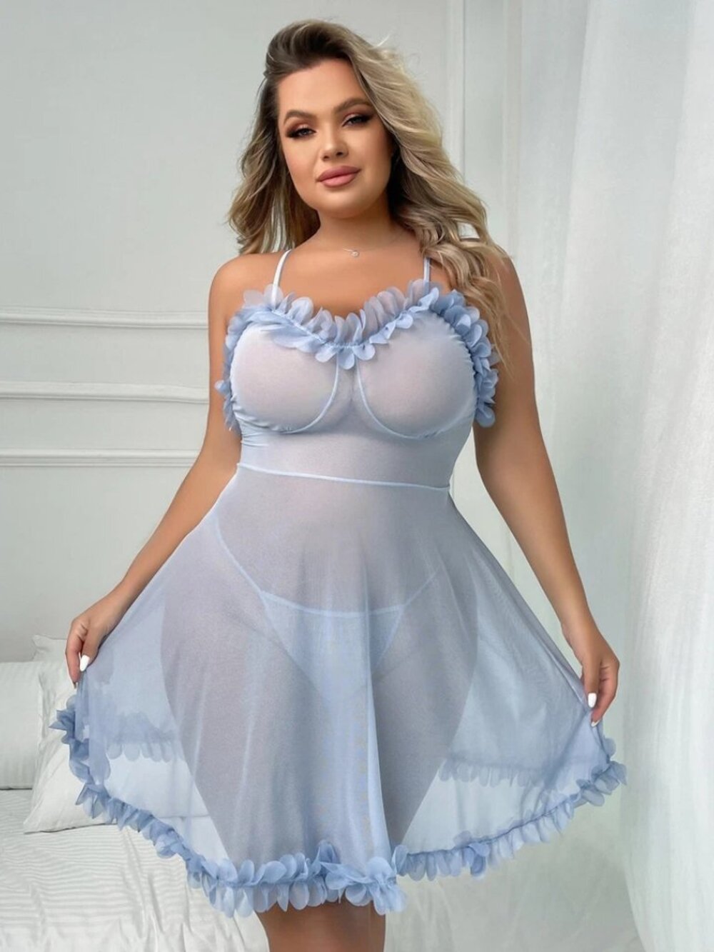 Women's Sexy Lingerie Lace Sheer Chemise Blue Babydoll Sleepwear Plus Size Dress